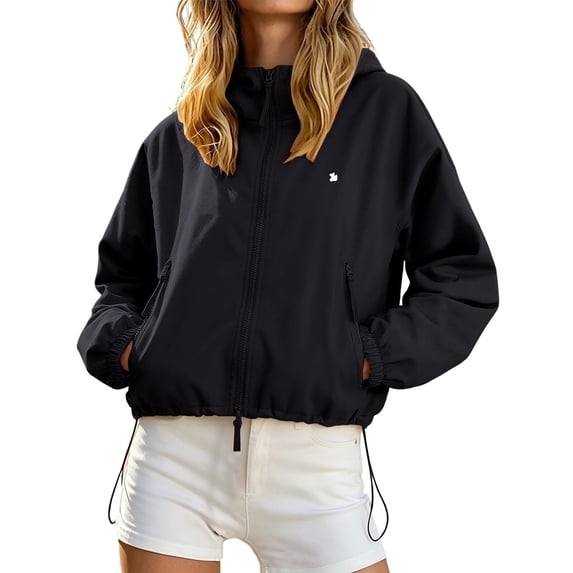 HGIEYS Womens Cropped Hooded Windbreaker, Zip Up Casual Lightweight Outdoor Jacket