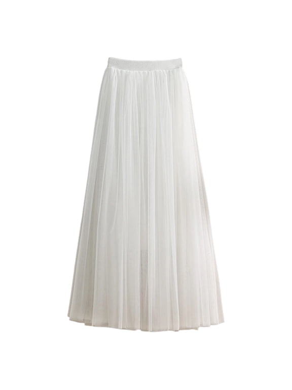 Womens Long Tulle Skirts Elastic High Waist A-Line Layered Tutu Mesh Flowy Skirt Ankle Length