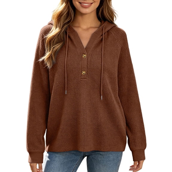 HGIEYS Womens Oversized Waffle Knit Hoodies Sweatshirt Casual Drawstring Button V-Neck Pullover