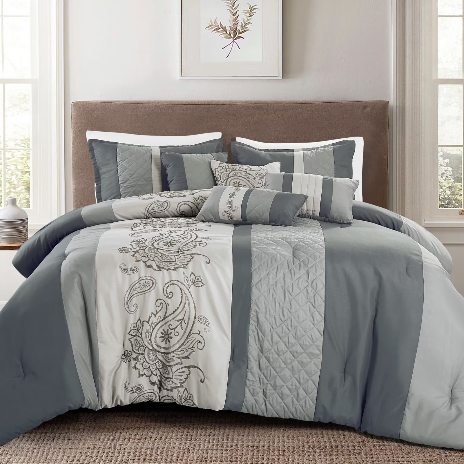 HGMart 7 Piece Luxury Bedding Comforter Set, King Size, Gray, Kubria