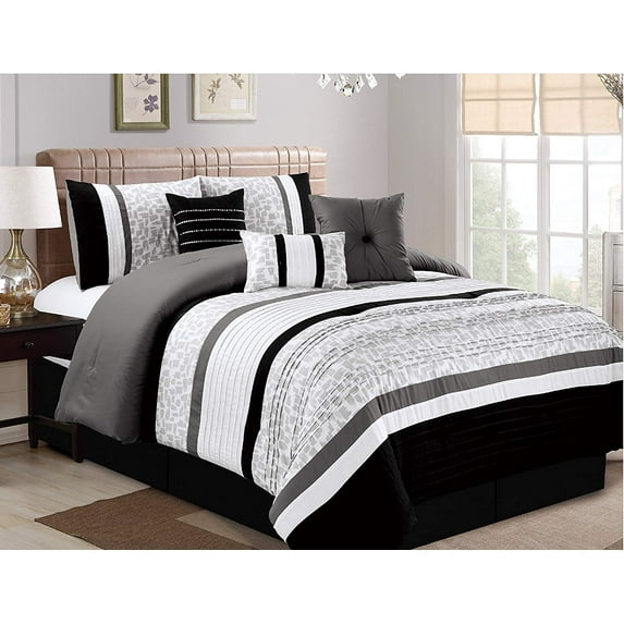 HGMart Bedding Comforter Set 7 Piece Luxury Striped Microfiber Bedding Sets - Oversized Bedroom Comforters, King, Black