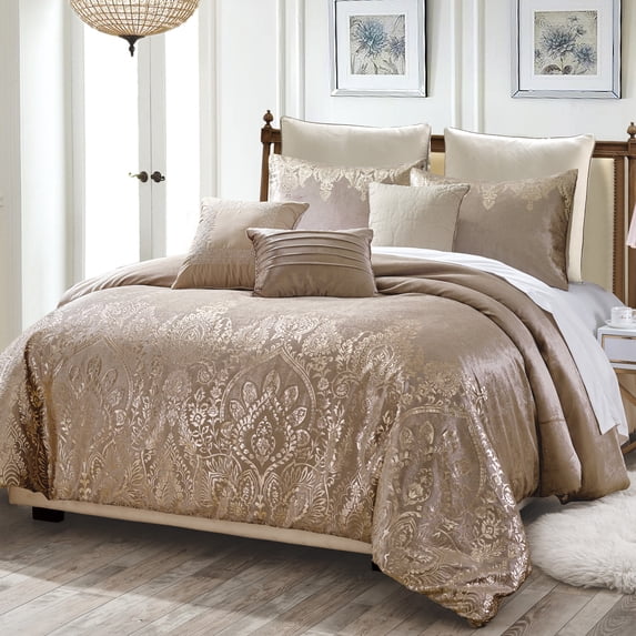 HGMart Bedding Comforter Set Bed In A Bag - 8 Piece Luxury Metallic Printed Velvet Bedding Sets - Oversized Bedroom Comforters, King/Cal King Size, Pandita
