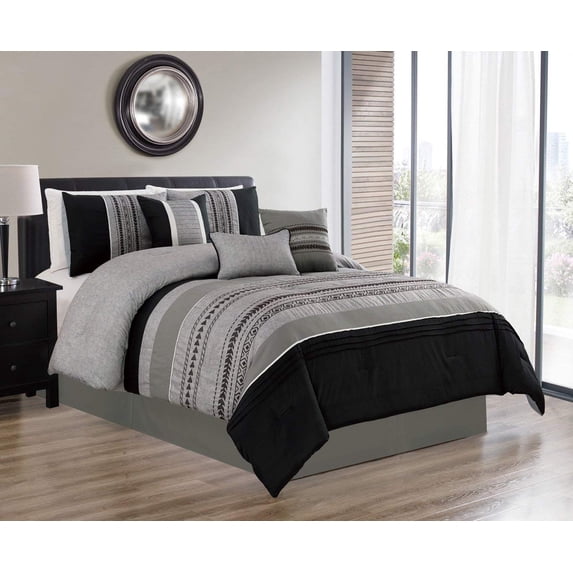 HGMart Bedding Comforter Set Bed In A Bag - 7 Piece Luxury Embroidery Microfiber Bedding Sets - Oversized Bedroom Comforters, Black, Cal King