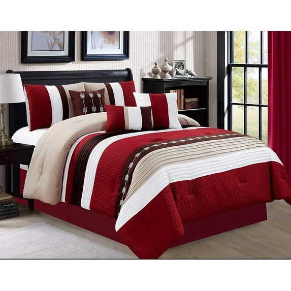 HGMart Bedding Comforter Set Bed In A Bag - 7 Piece Luxury Microfiber Striped Bedding Sets - Oversized Bedroom Comforters, Queen Size, Burgundy