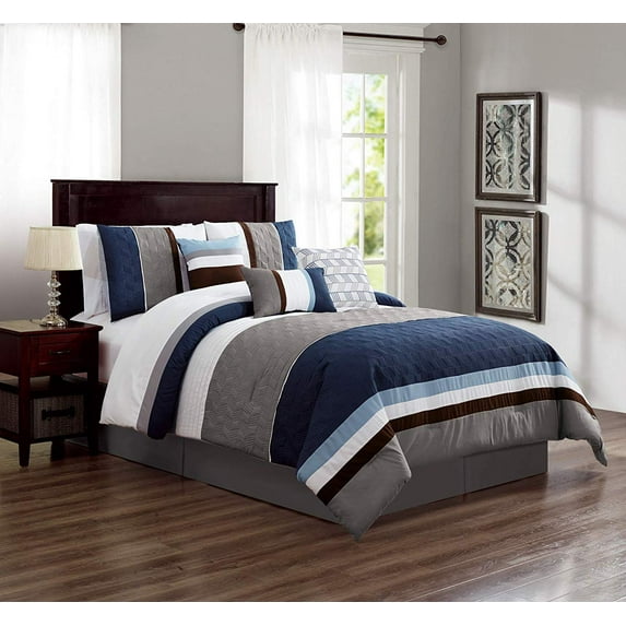 HGMart Bedding Comforter Set Bed In A Bag - 7 Piece Luxury Striped Microfiber Bedding Sets - Oversized Bedroom Comforters, King Size, Blue