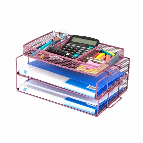 HGMart Mesh Desktop Office Organizer - 2 Tier Stackable File Letter Tray Organizer with Desk Sorter 3 Compartment