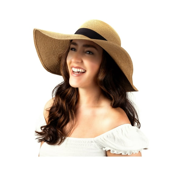 HGPS Women Floppy Sun Hat with Wide Brim—Foldable Roll-Up Straw Beach Hat UPF 50