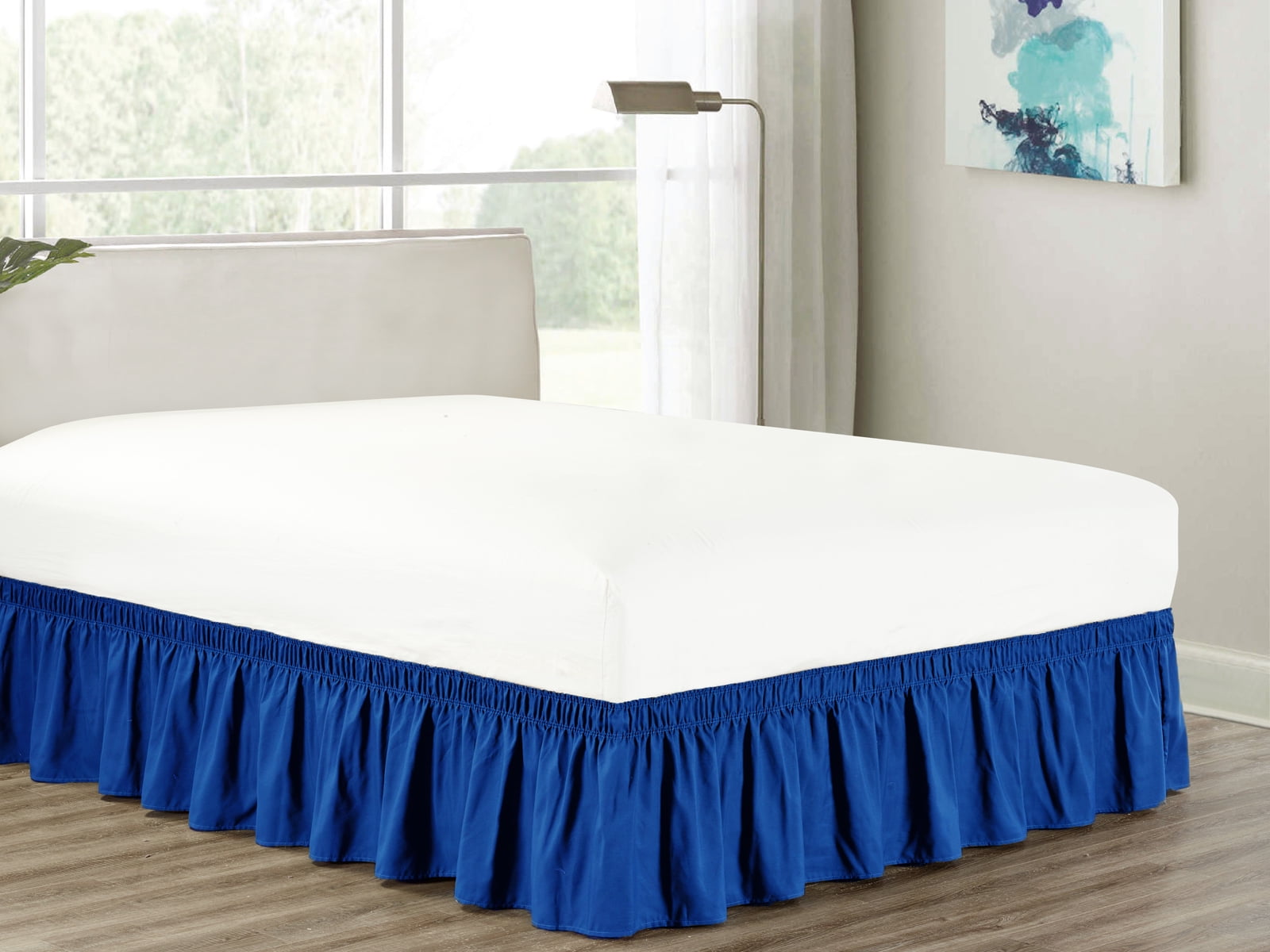 HGS Heavy Duty Blue Polyester Microfiber Ruffled Wrap Around Bed Skirt, Queen