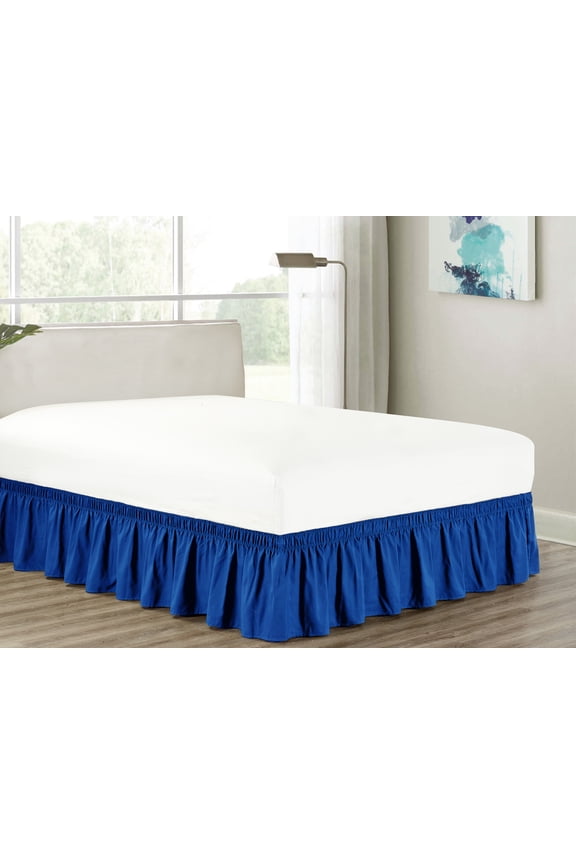 Heavy Duty Blue Polyester Microfiber Ruffled Wrap Around Bed Skirt, Queen