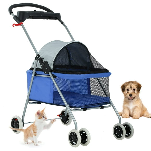 HGS Pet Cat Dog Stroller 4 Wheels Jogger Puppy Travel Carrier Portable Doggie Cage Strolling Cart with Cup Holders, 35Lbs Capacity Folding Waterproof Strolling Cart for Medium Dogs Cats Pet, Blue