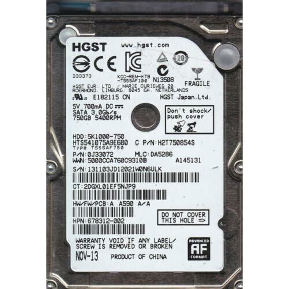 HGST HTS541075A9E680 p/n: 0J33072 mlc: DA5286 750GB SATA HDD 7707