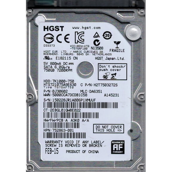 HGST HTS721075A9E630 P/N: 0J30602 MLC: DA6351 750GB