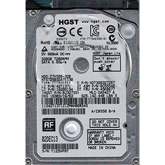 HGST HTS725032A7E630 MLC: DA5427 P/N: 0J32733 China 320GB