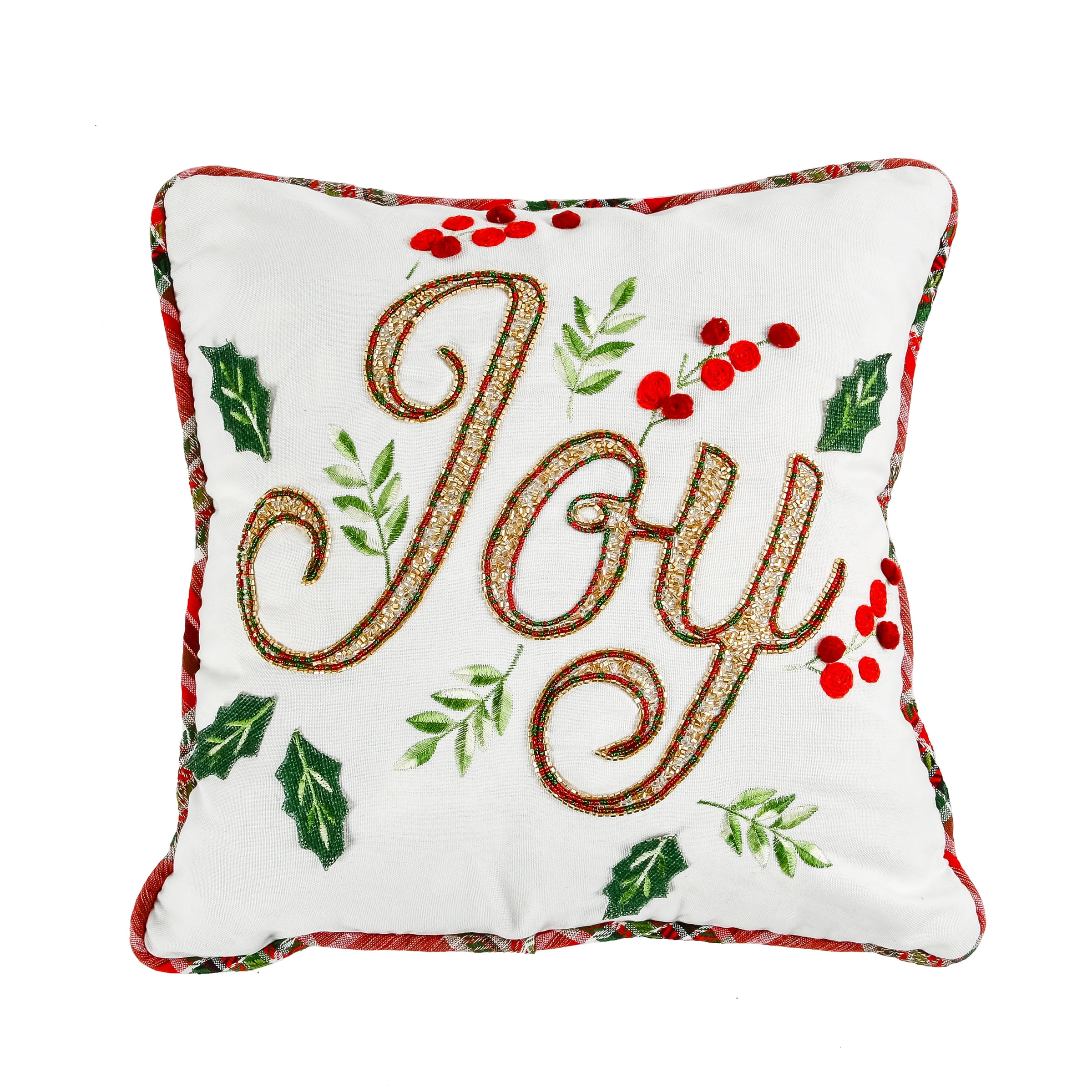 18" Joy Embroidered Christmas Pillow with Plaid Trim