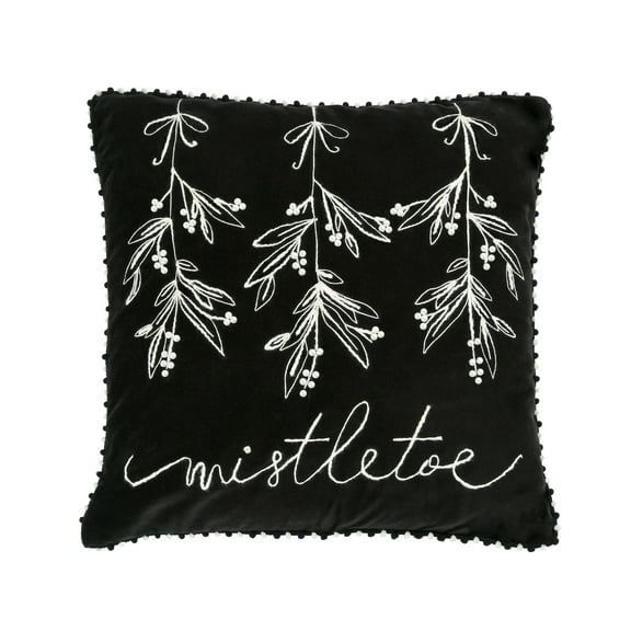 HGTV Home Collection by National Tree Company Christmas Pillow, Black, Mistletoe, Embroidered, White Lettering , Black and White Mini Pom Pom Trim, 18 Inch
