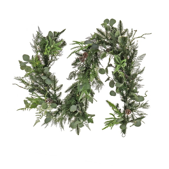 HGTV Home Collection by National Tree Company Pre-Lit Artificial Christmas Garland, Green, Winter Garden Eucalyptus, Pine Cones, 50 Warm White LED Lights, Battery Operated, Timer, 6 Feet