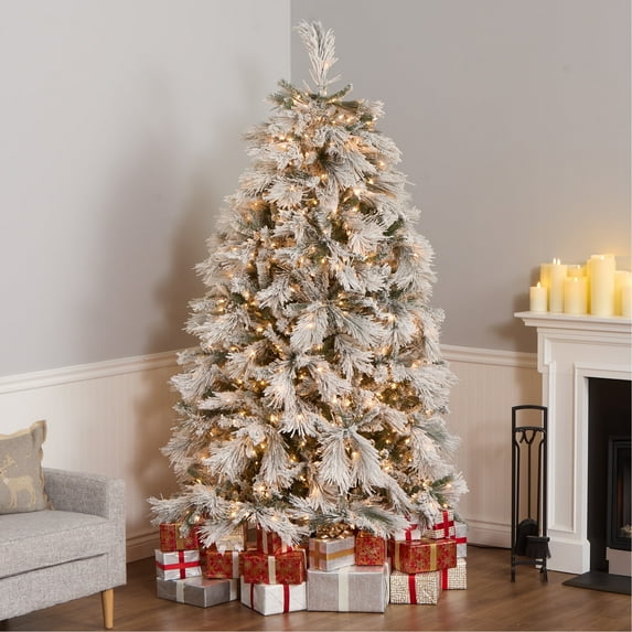 National Tree Company HGTV Home Collection 7.5 ft Pre-Lit Flocked Bavarian Pine Full Artificial Christmas Tree, 900 Clear Lights, 1,182 Tips, PowerConnect, Includes Stand, Green