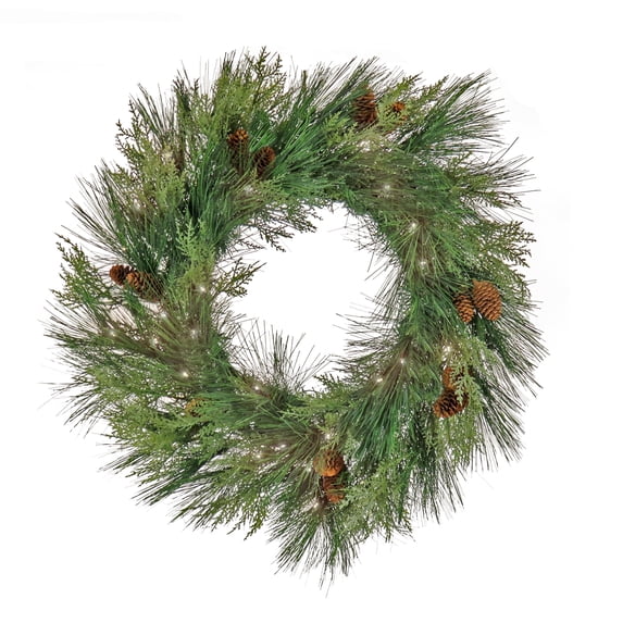 28 in. Pre-Lit Artificial Christmas Wreath, 50 Warm White LED Lights, Battery Operated, Timer