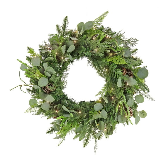 28 in. Pre-Lit Artificial Christmas Wreath, Garden Eucalyptus, Pine Cones, 50 Warm White LED Lights
