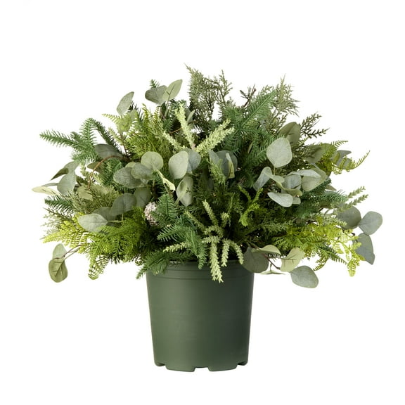 28 in. Pre-Lit Artificial Porch Bush, Green, Winter Garden, Green Planter Pot, Pine Cones