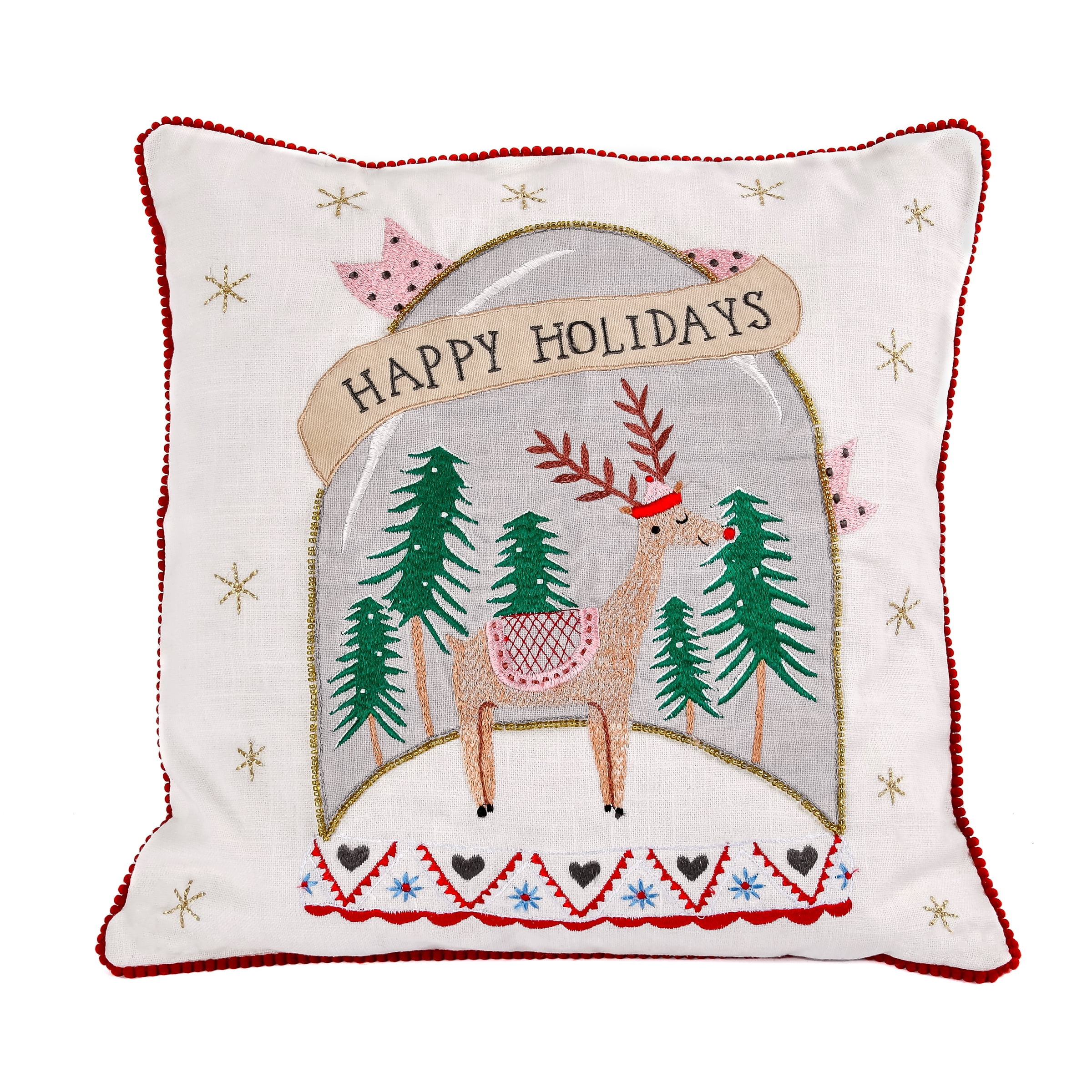 Embroidered White and Red Christmas Reindeer Throw Pillow