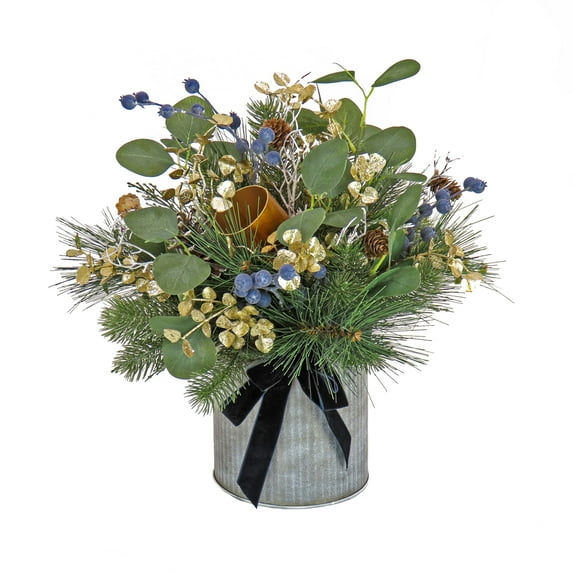 17 in. Unlit Swiss Chic Artificial Arrangement with Pinecones, Berries, Bells and Metal Pot Base
