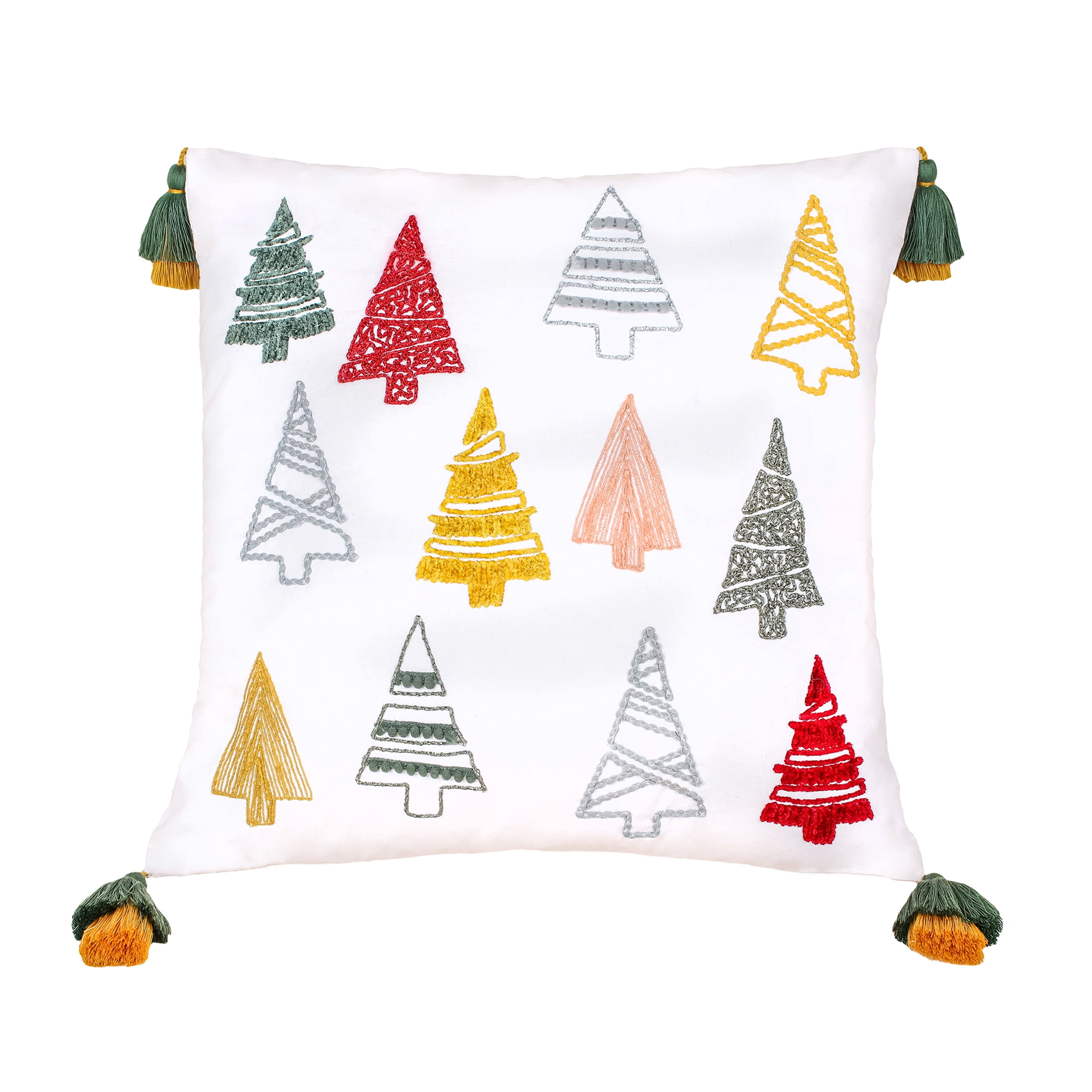 18" White Cotton Embroidered Christmas Tree Pillow with Tassels