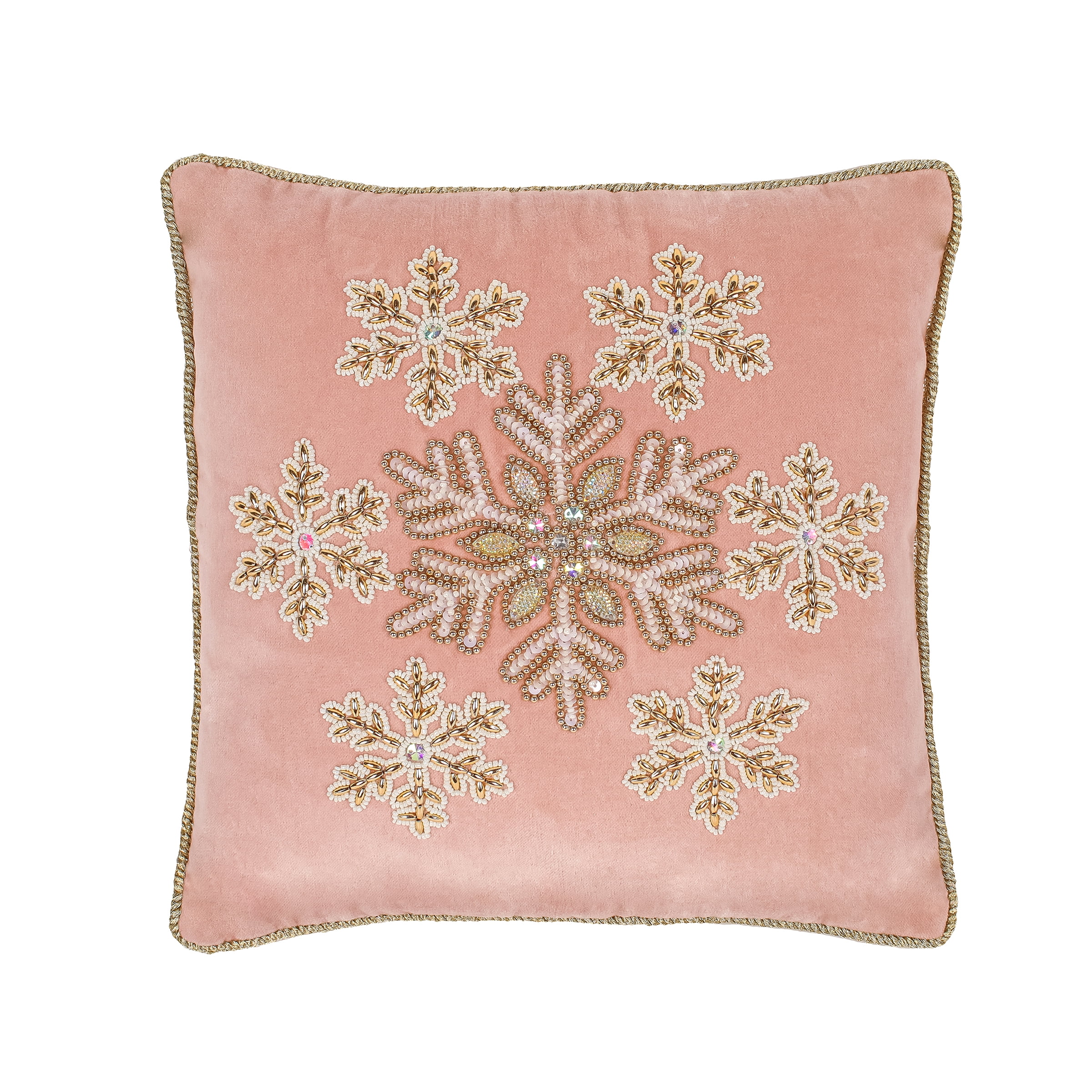 HGTV Home Collection by National Tree Company Christmas Pillow, Blush, Snowflake, Beaded, Gold Edging Trim, 14 Inch