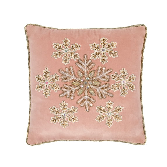 HGTV Home Collection by National Tree Company Christmas Pillow, Blush, Snowflake, Beaded, Gold Edging Trim, 14 Inch