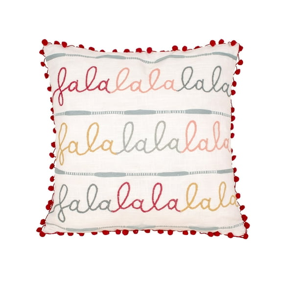National Tree Company HGTV Home Collection 18 in. Falalalalala Christmas Pillow, Natural, Embroidered, Multicolor, Red Pom Pom Trim