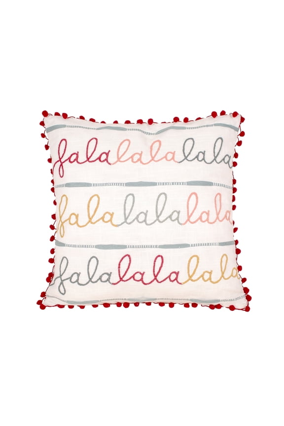 HGTV Home Collection 18 in. Falalalalala Christmas Pillow, Natural, Embroidered, Multicolor, Red Pom Pom Trim