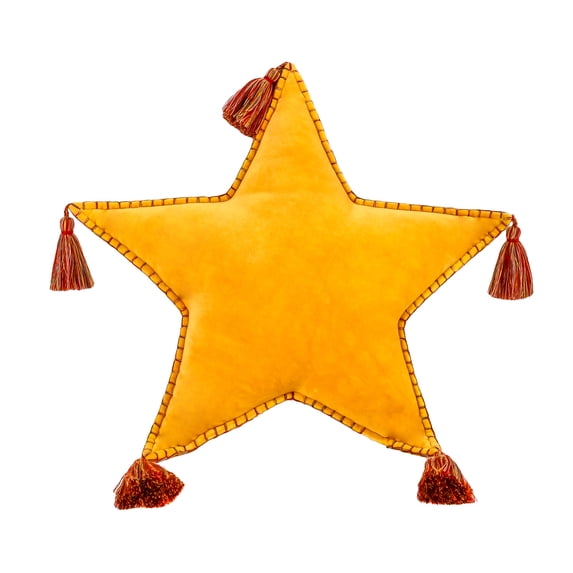 HGTV Home Collection by National Tree Company Christmas Pillow, Yellow, Star Shape, Red Multicolor Tassels, 16 Inch