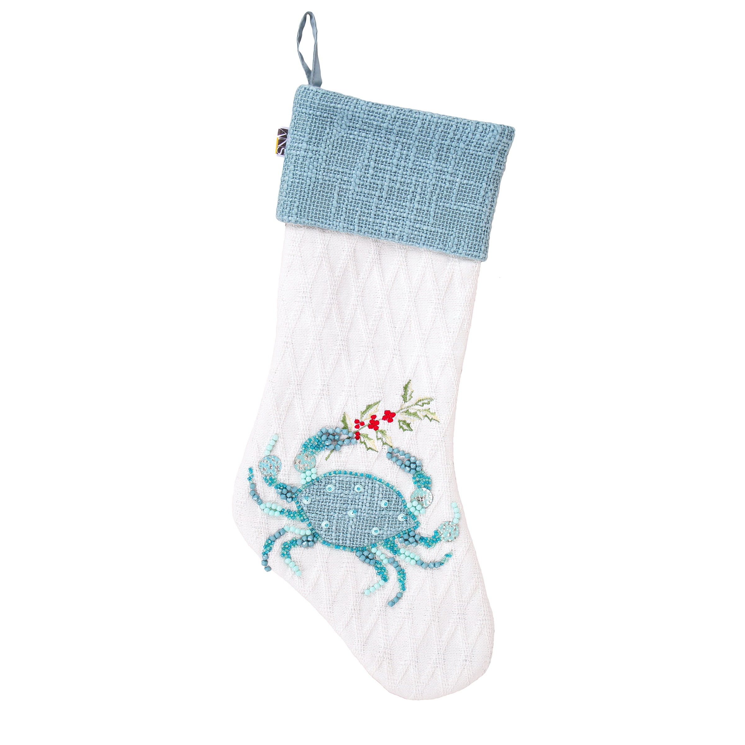 White and Blue Coastal Embroidered Crab Christmas Stocking