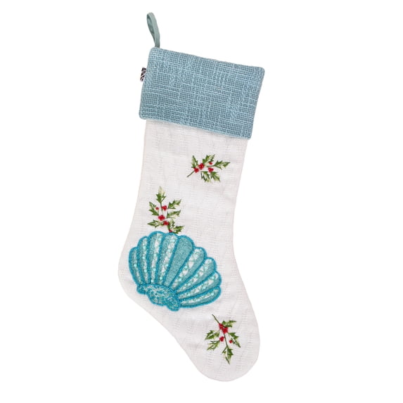 HGTV Home Collection by National Tree Company Christmas Stocking, White, Coastal, Blue Sea Shell, Embroidered, Blue Cuff, 20 Inch