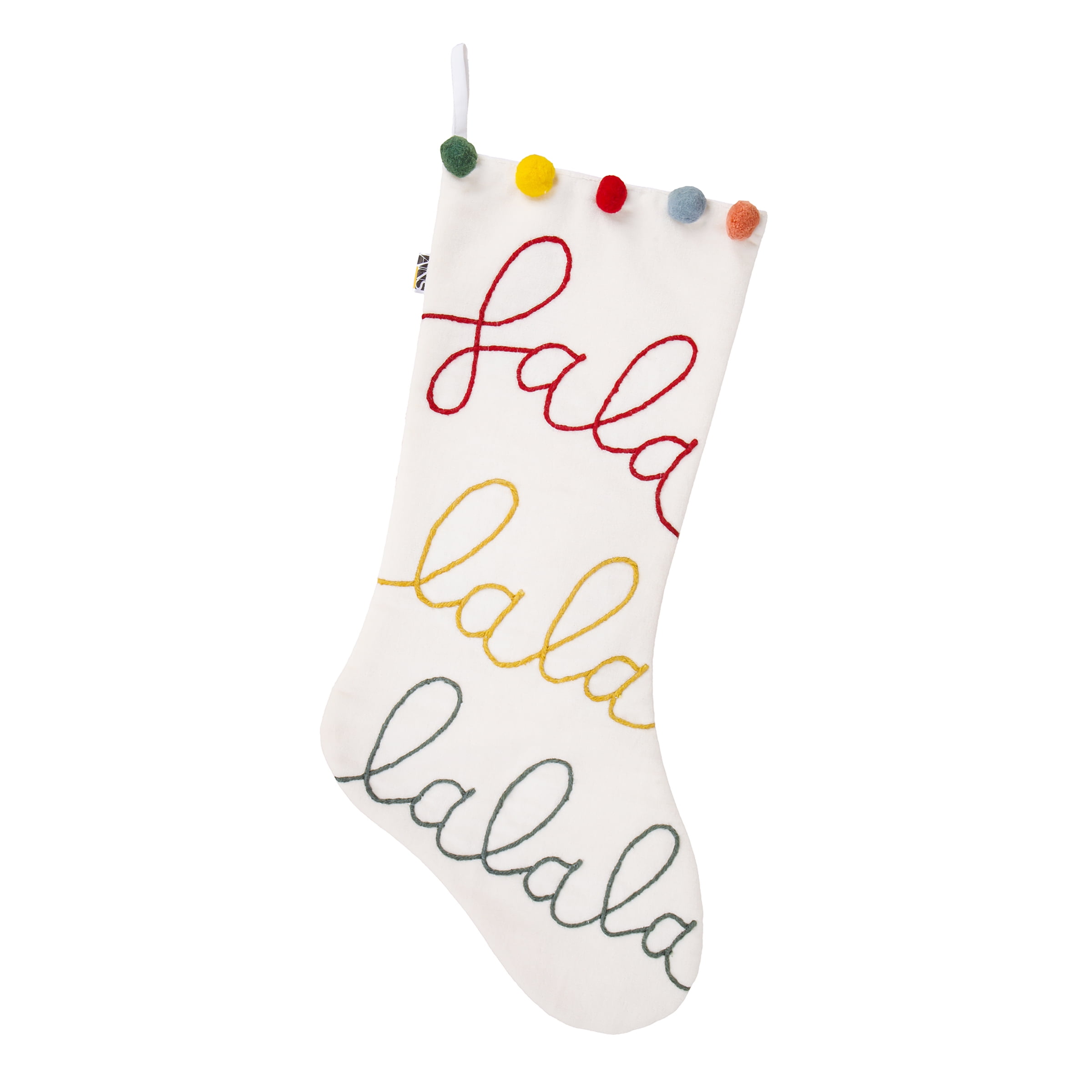 White Cotton Christmas Stocking with Multicolor Pom Poms