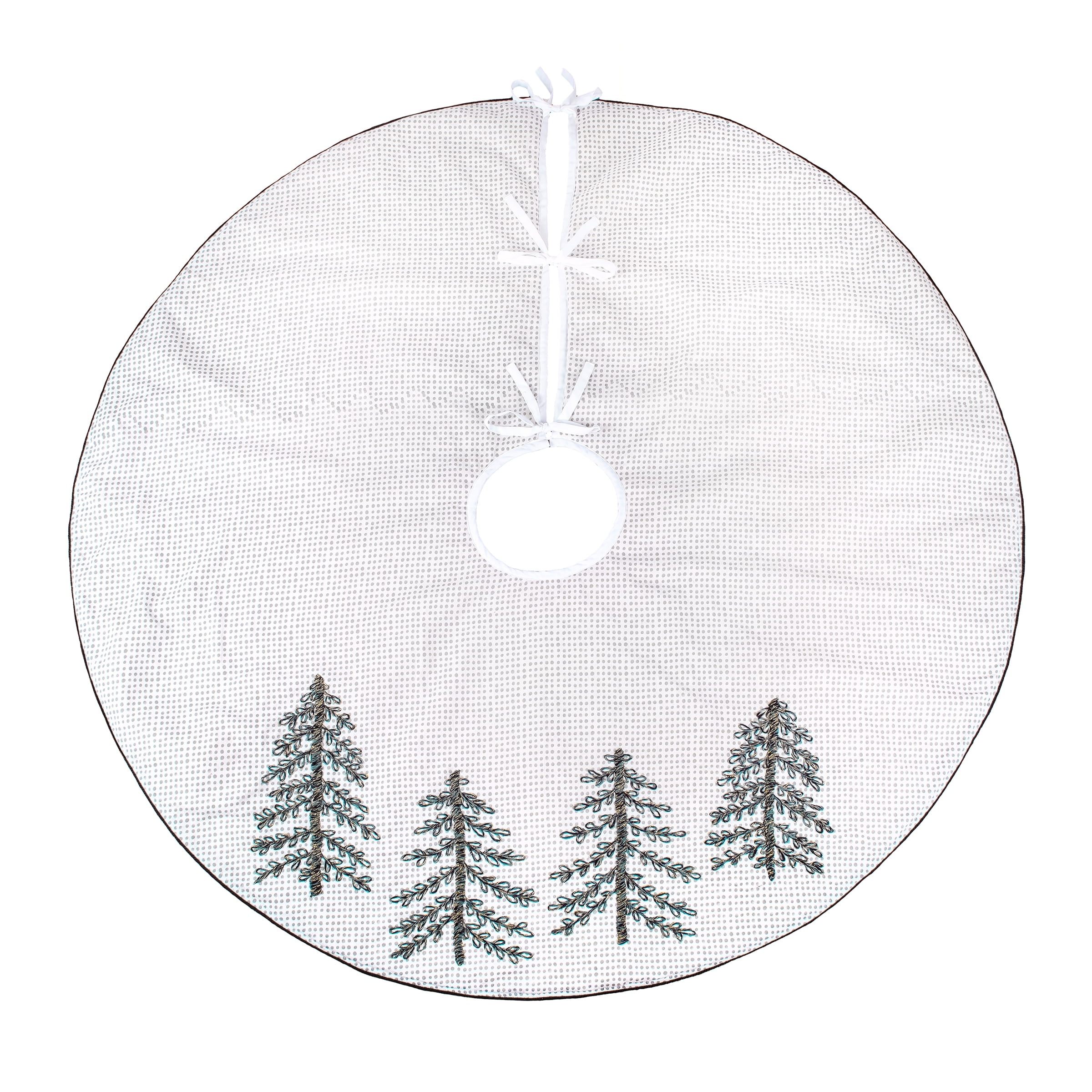 52" White Cotton Embroidered Evergreen Tree Skirt with Black Trim