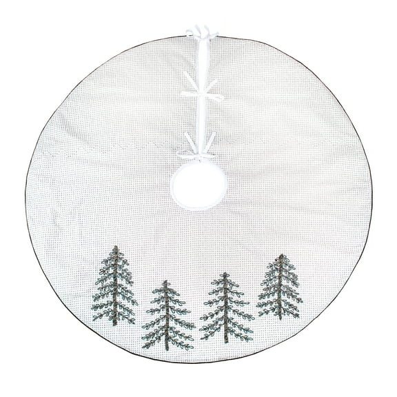 HGTV Home Collection by National Tree Company Christmas Tree Skirt, White, Embroidered Evergreen Trees, Black Trim, Split Seam, String Ties, 52 Inch
