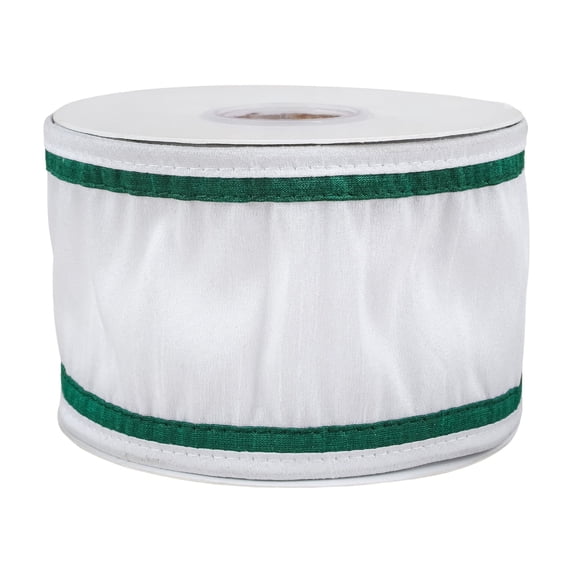 3 in. Dupioni Double Sided White Ribbon with Green Piping