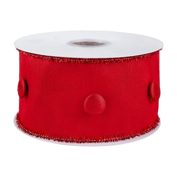 3 in. Dupioni Red Button Ribbon with Red Tinsel Piping