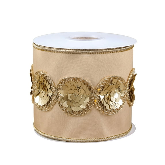 4 in. Gold Sequin Beaded Beige Taffeta Ribbon with Gold Piping
