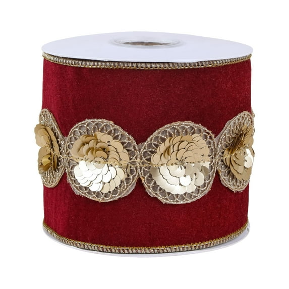 4 in. Gold Sequin Beaded Velvet Burgandy Ribbon with Gold Piping