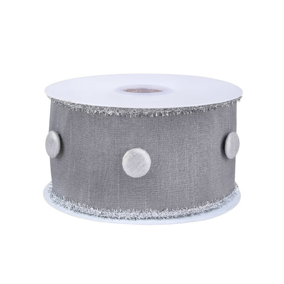 3 in. Silver Dupioni White Button Ribbon with Silver Tinsel Piping