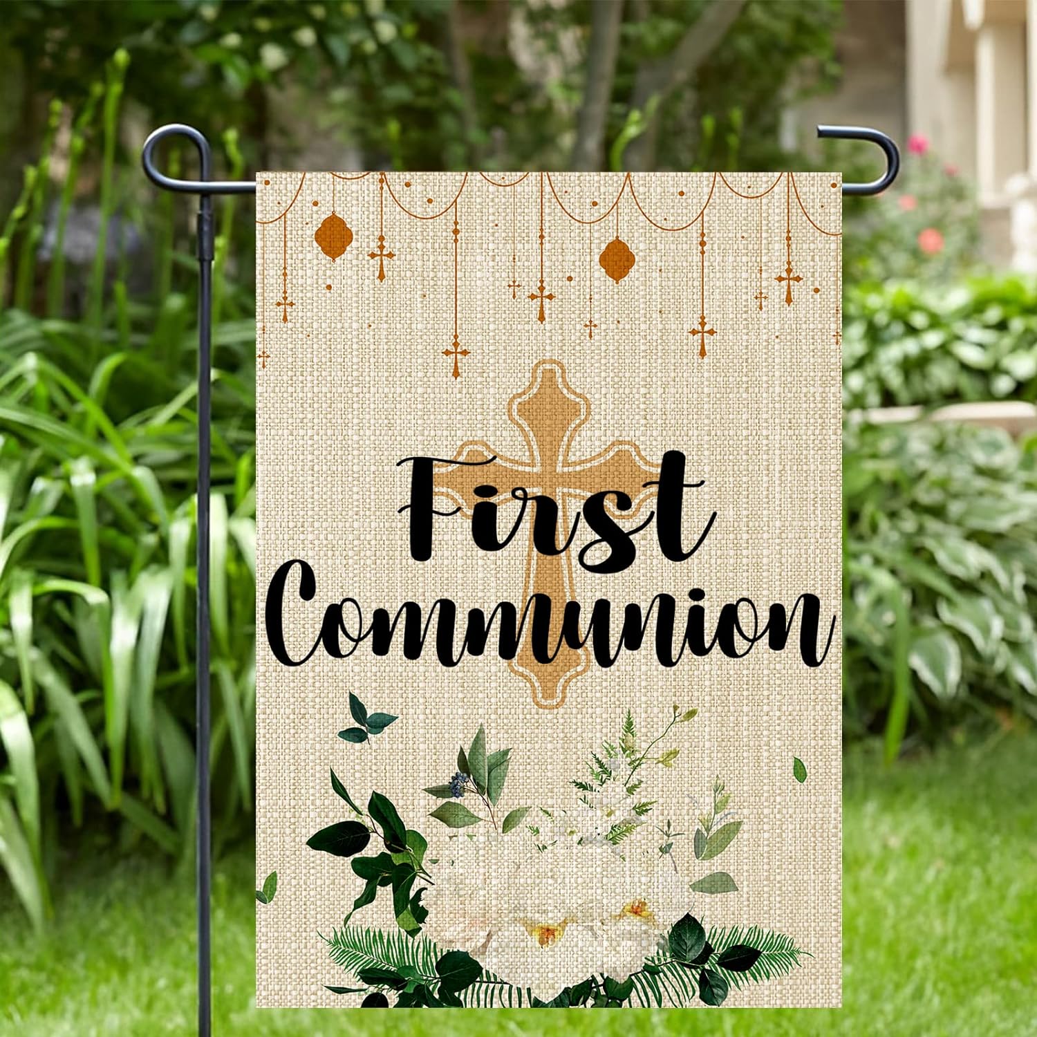 HGUAN Black First Communion Garden Flag Cross God Bless Baptism Baby