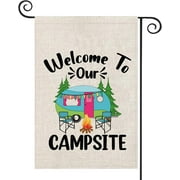 HGUAN Camping RV Flag Camping Lover Yard Flag Welcome To Our Camper Garden Flag RV Camping Decor Happy Camper Sign (welcome campsite)