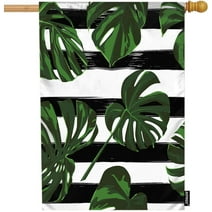 HGUAN Palm Leaf House Flag Tropical Jungle Green Tree Leaves on Black White Stripes Garden Flags Double-Sided Banner Welcome Yard Flag Home Outdoor Decor. Lawn Villa