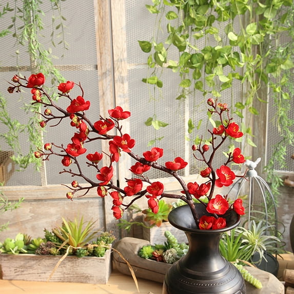 HGWXX7 Artificial Plum Silk Flowers Plants Wedding Home Indoor & Outdoor in Vase Gifts for Women Fake Ikebana Floral Decor Red