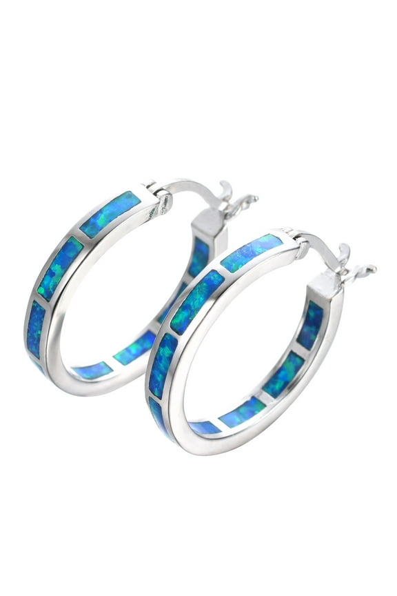 925 Silver Plated Blue Opal Huggie Hoop Earrings Hypoallergenic for Women