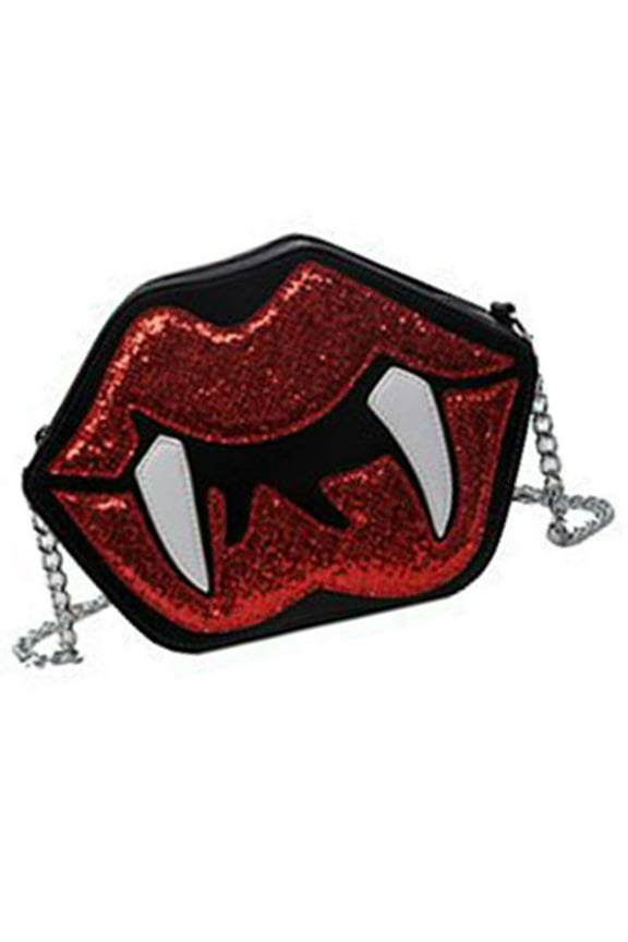 Gothic Sequined Crossbdy Bag Vampire Tooth Lip Shape Shoulder Bag Evening Purse with Metal Chain for Women