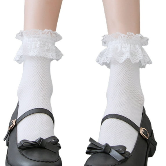 HGYCPP Japanese Women Girls Cotton Ankle Socks Harajuku Lolita Kawaii Ruffle Frilly Top Trim Lace Solid Color Princess Student Uniform Anklet Hosiery
