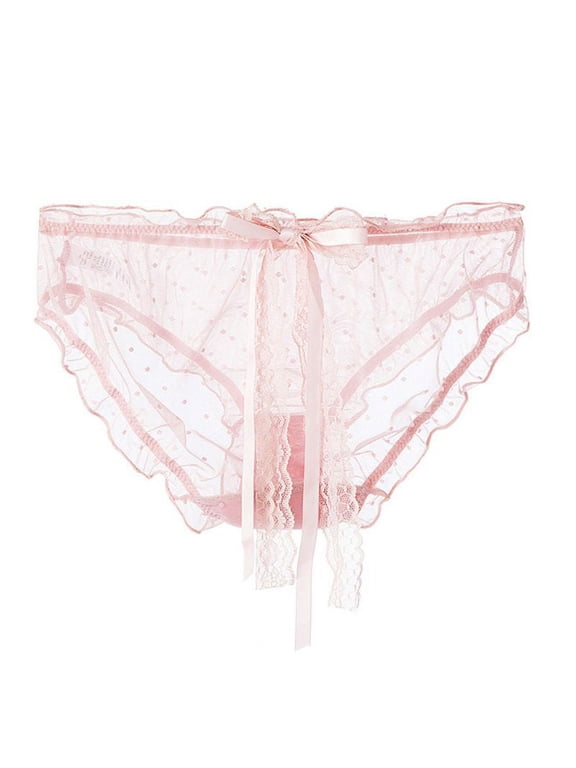 Japanese Women Sexy Hollow Mesh Panties Cute Polka Dot Transparent Briefs Underwear Lace Ribbon Big Bow Ruffles Lingerie Thong